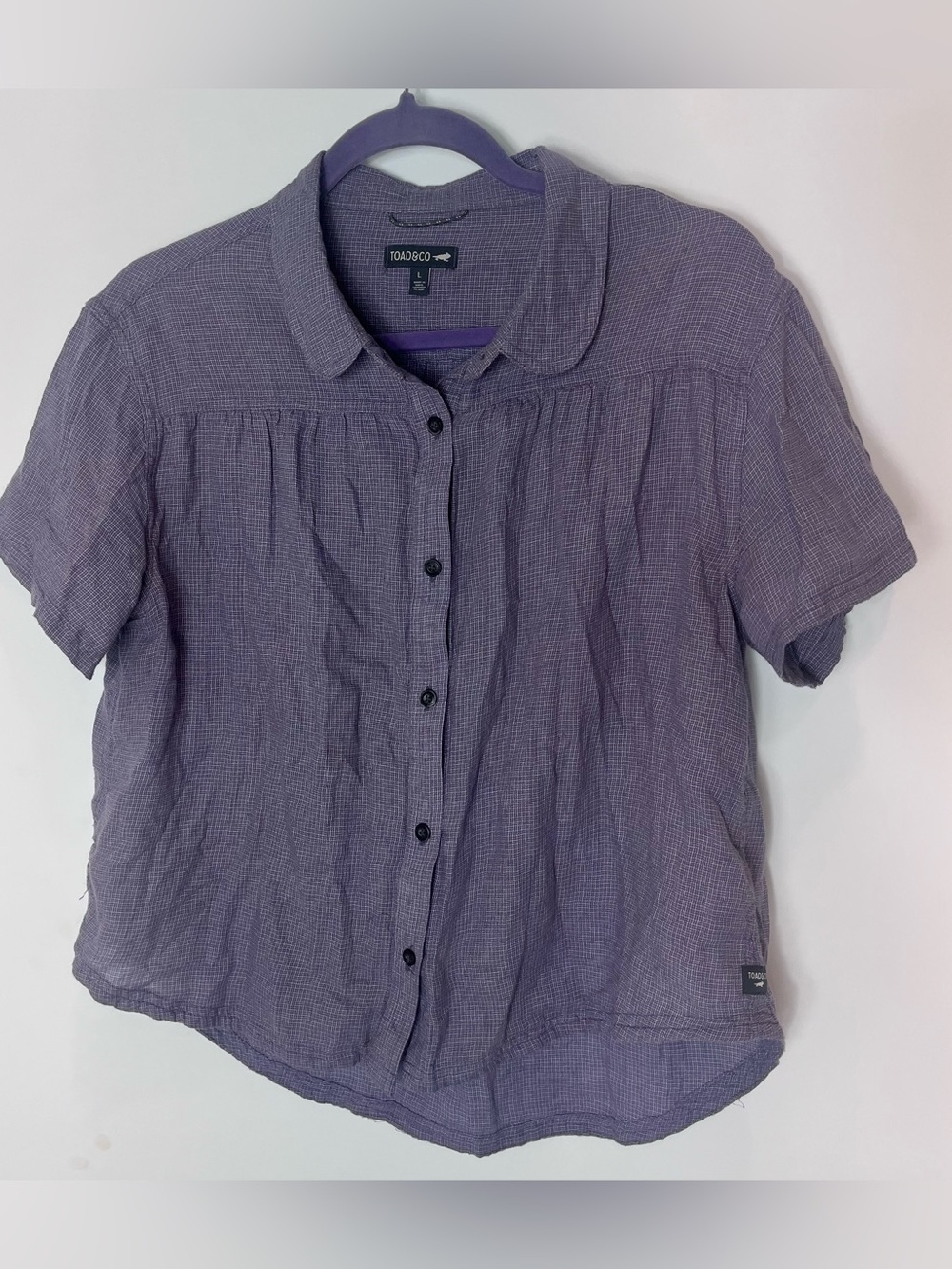 Toad&Co Holly Shirt Organic Cotton Women's Light Purple Button-Up Short Sleeve L - Picture 2 of 7